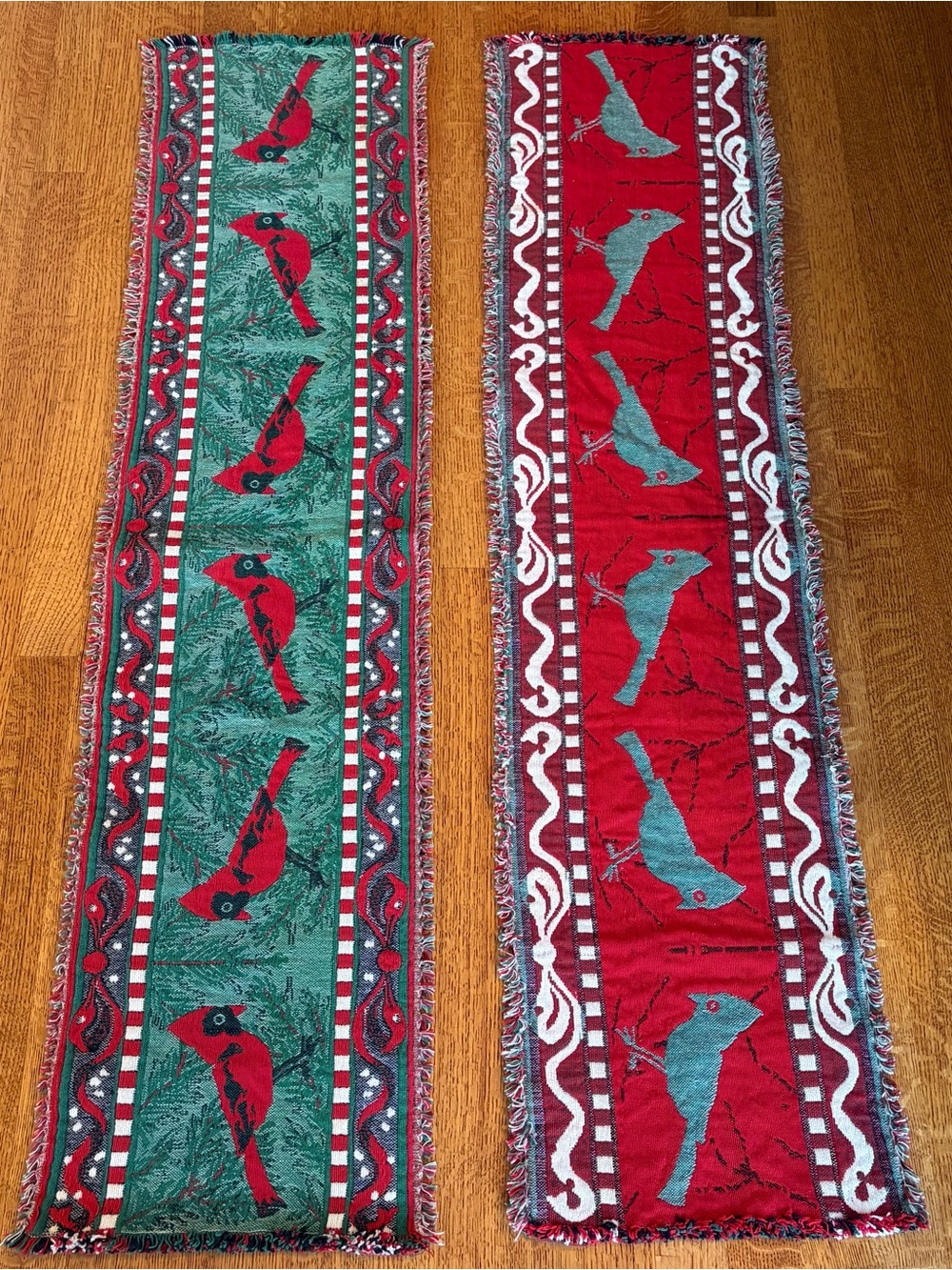 Vtg Lot of 2 Reversible Christmas Table Runners Tapestry Cardinals Country 51x13